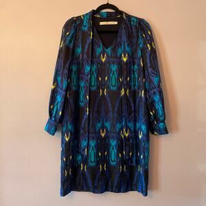 Marie Oliver Blue Silk Abstract Neck Tie Mini Shift Artsy Dress Women's size XS